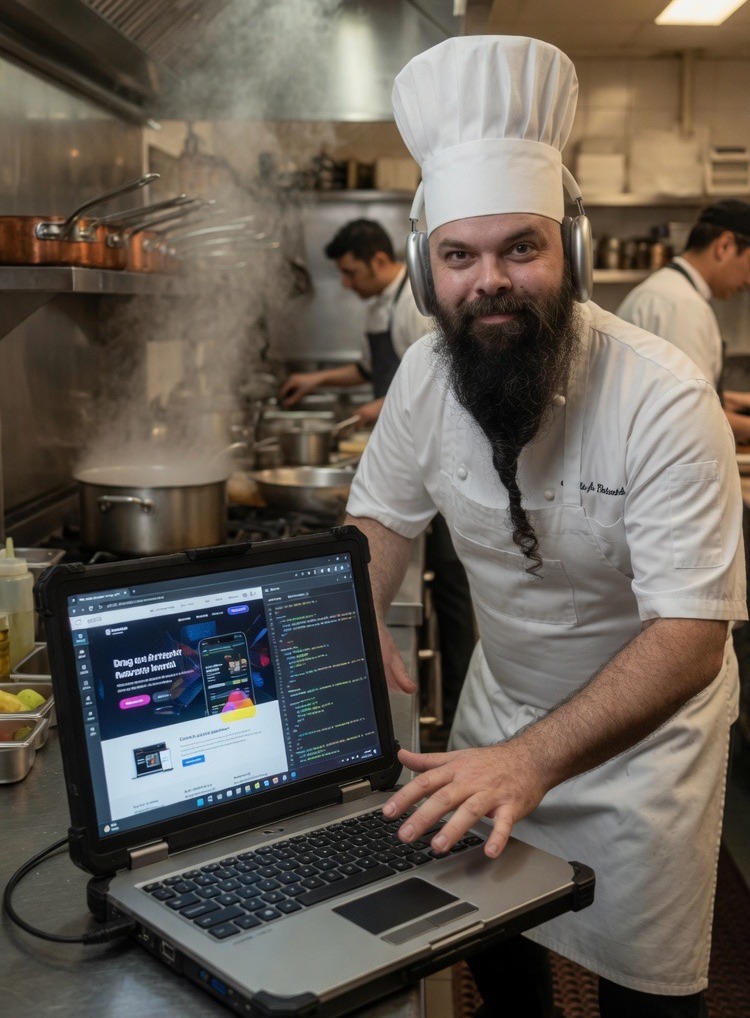 Webpage Chef presenting a website on a laptop in a busy kitchen